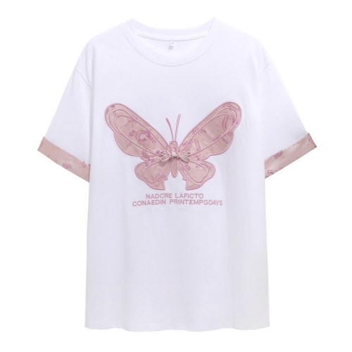 国风短袖t恤女2024新款夏季蝴蝶刺绣白色重工立体设计感撞色上衣
