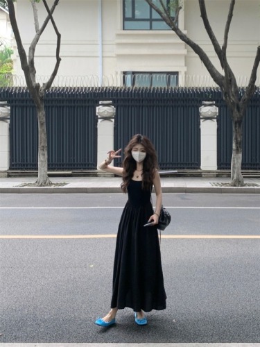 Actual shot #Super Slim Suspender Temperament Dress Women’s Summer Simple Black Long Dress