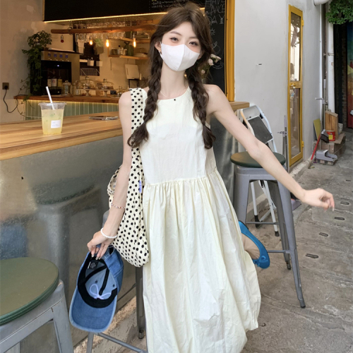 Gentle style French waist vest dress Korean style petite sleeveless dress women's summer temperament long skirt
