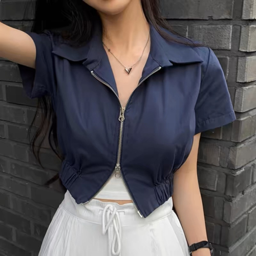 Korean chic summer retro simple lapel*** zipper design waist slimming short-sleeved sports coat for women