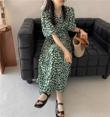 Temperament French floral long dress plus size fat girl looks slim chic green puff sleeve dress summer plant flowers