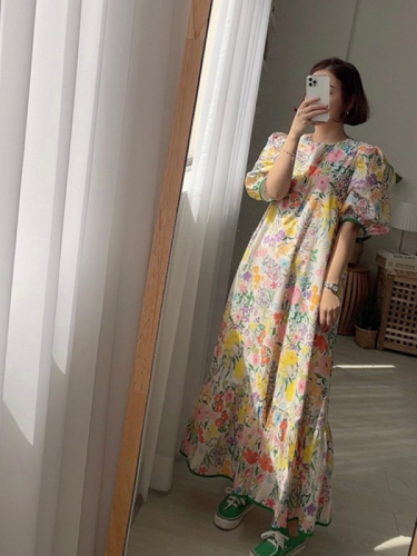 2024 New Korean Style Retro Floral Long Skirt Women's Fashion Casual Printed Temperament Age-Reducing Super Fairy Dress