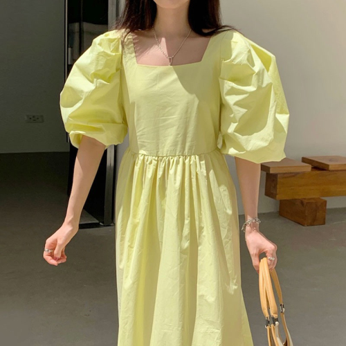 2024 Korean chic summer Dongdaemun new niche simple solid color square collar loose long dress for women