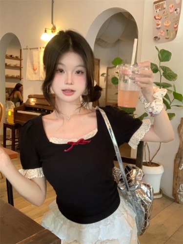 Real shot lace patchwork bow short-sleeved T-shirt women's summer new sweet slim-fit figure-flattering off-shoulder top