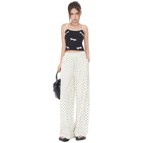 Real shot of 2024 summer new high-waisted loose casual pants for women with wide legs and drapey polka-dot Yamamoto pants