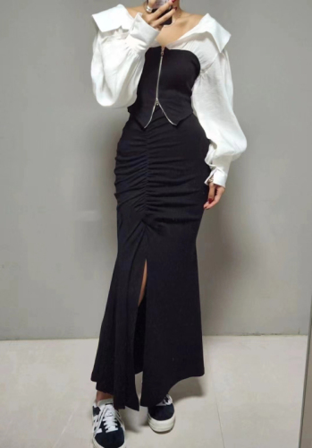 South Korea Dongdaemun 2024 Spring and Summer pleated sexy high-slit fishtail skirt