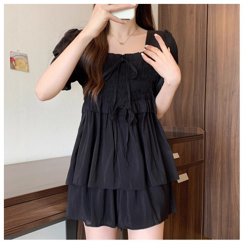 Official photo Summer short-sleeved suit women's shirt + shorts design bow square neck elastic waist top two-piece set