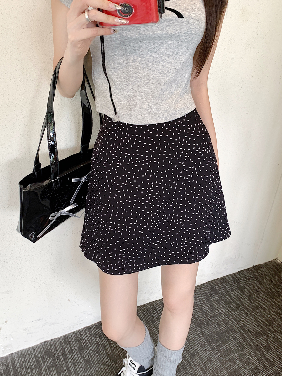 Photographed 2024 Summer New Korean Style High-Waist Polka Dot A-Line Semi-Skirt for Women Petite Sweet Short Skirt