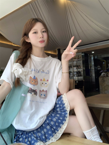 韩系圆领短袖T恤女夏季新款卡通图案印花宽松百搭休闲慵懒上衣潮