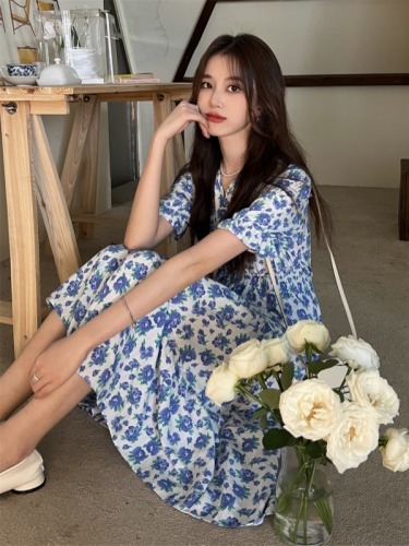 Real shot Summer 2024 new style French gentle style floral dress women's waist V-neck temperament skirt