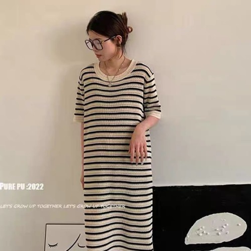 Designed hollow striped ice silk short-sleeved knitted dress for women in summer loose and slimming slit long skirt with lazy style