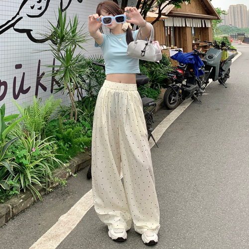 Actual shot of retro polka-dot loose wide-leg pants, ice silk thin style, lazy style straight casual floor-length pants for women, new style