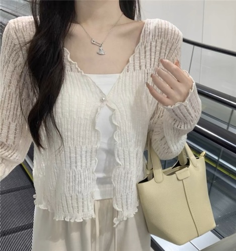 Gentle fungus V-neck long-sleeved knitted cardigan for women 2024 summer short thin loose loose hollow sun protection top