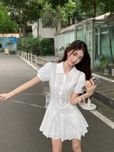 Real shot ~ College style white puff sleeve shirt dress, elegant waist, high-end and sweet short skirt