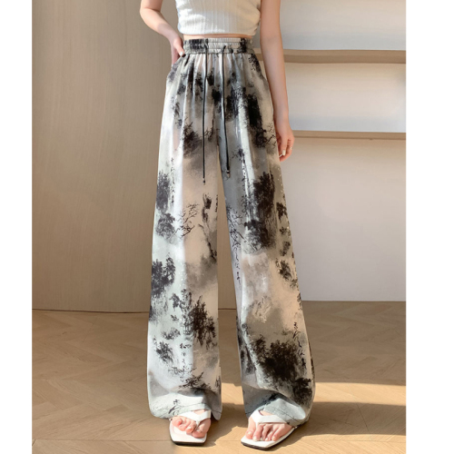 Ice silk quick-drying pants ink tie-dye casual wide-leg pants for women high-waisted straight-leg loose ice silk national style pants