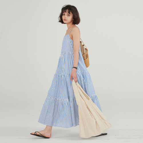 French blue and white striped suspender dress for women, summer seaside resort style loose casual long skirt with large hem