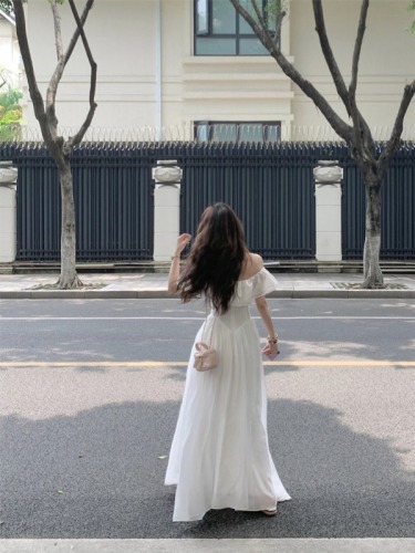 Real shot#White temperament ruffled slimming flying sleeves a-line skirt dress long skirt women summer