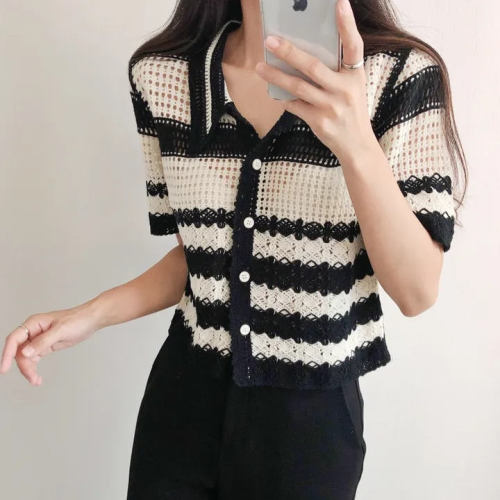 Striped knitted T-shirt women's summer Polo collar short-sleeved right-shoulder shirt petite top