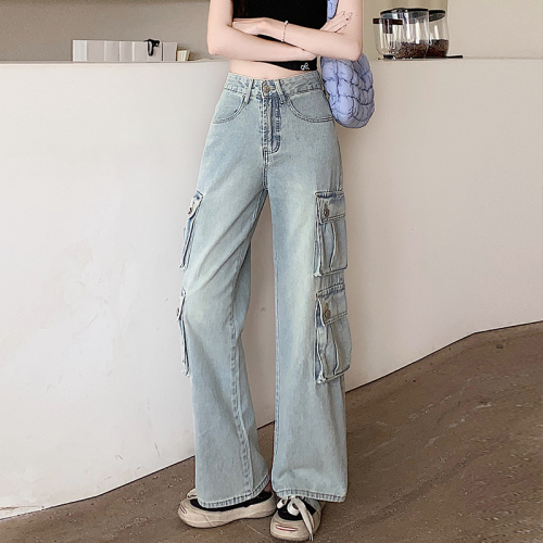 Real shot of pure cotton washed jeans for women, American retro low-waisted straight-leg loose multi-pocket cargo pants for autumn