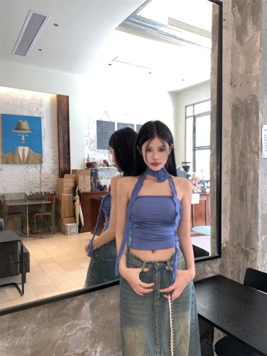 Actual shot ~ Pure Desire Hot Girl One Shoulder Flower Tube Top Women’s Summer T-shirt with Breast Pad, Chic and Sweet Little Shirt