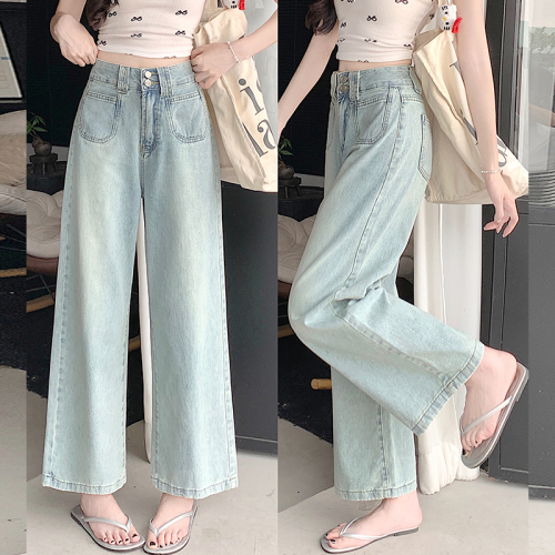 Real shot of light-colored wide-leg jeans for women 2024 spring and autumn new high-waisted belly slimming retro loose straight pants