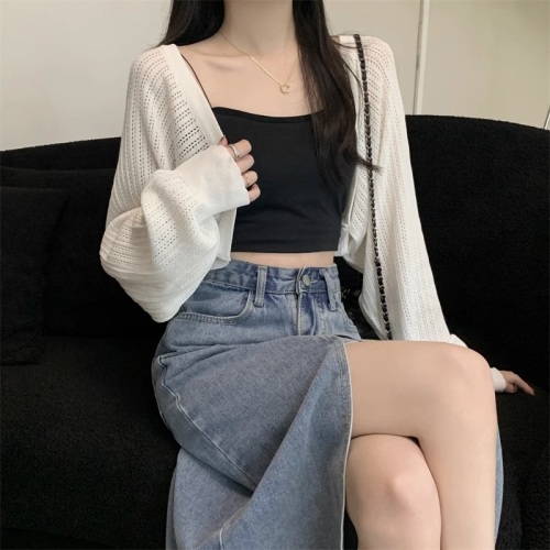 Apricot hollow long-sleeved knitted cardigan for women summer 2024 new sun protection blouse with suspenders and short waistcoat top