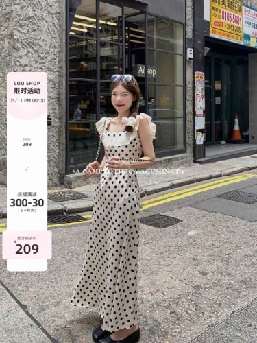 LUU Tao Xi'er/polka-dot satin dress French style slim sleeveless long dress design niche women's summer