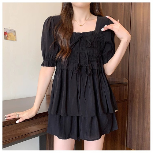 Official photo Summer short-sleeved suit women's shirt + shorts design bow square neck elastic waist top two-piece set