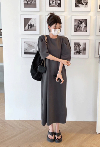 2024 Korean chic summer plus size new niche simple solid color loose long dress for women