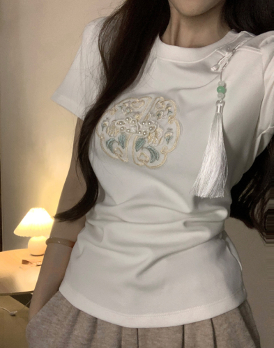 实拍新中式人棉空气层210克短袖t恤女夏刺绣修身正肩短款圆领上衣