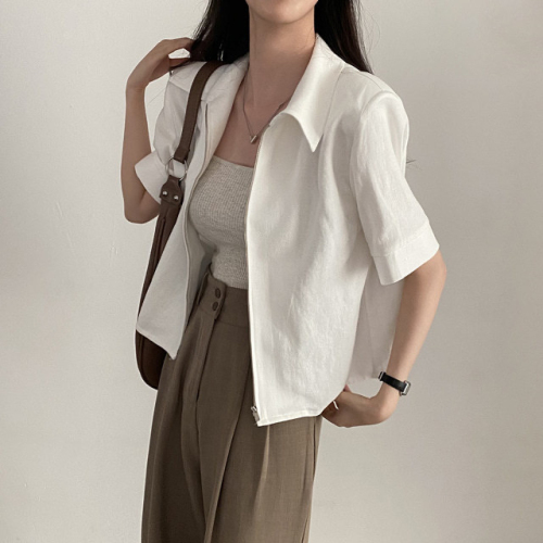 Korean chic summer retro temperament lapel shoulder pad design loose casual versatile solid color short-sleeved shirt top