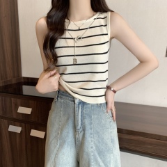 Summer short round neck chain knit sweater slim solid color inner bottoming vest T-shirt sleeveless top