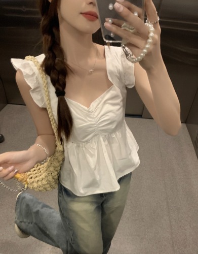 法式方领飞飞袖白色衬衫女夏季设计感小众蝴蝶结短款小个子上衣