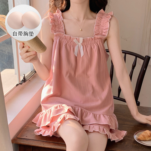 Real shot of pajamas with breast pads for women in summer 2024 new knitted cotton suspenders home clothes two-piece set sweet and cute