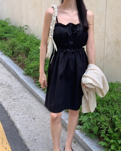 chic Korean style summer fresh and simple pleated sleeveless ruffle mini petite suspender skirt dress