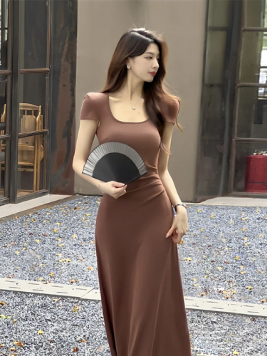 French pure lust style square neck waist short-sleeved dress 2024 new women's summer high-end slim slim long dress