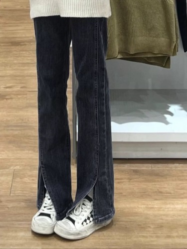 黑灰色直筒牛仔裤女夏季2024新款复古开叉高腰弹力小个子喇叭裤子