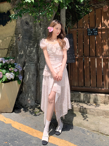 Manhua Sweet Tea Sweet Irregular Casual Fashion Temperament Slim Slim High Waist Floral Women's Dress Lady