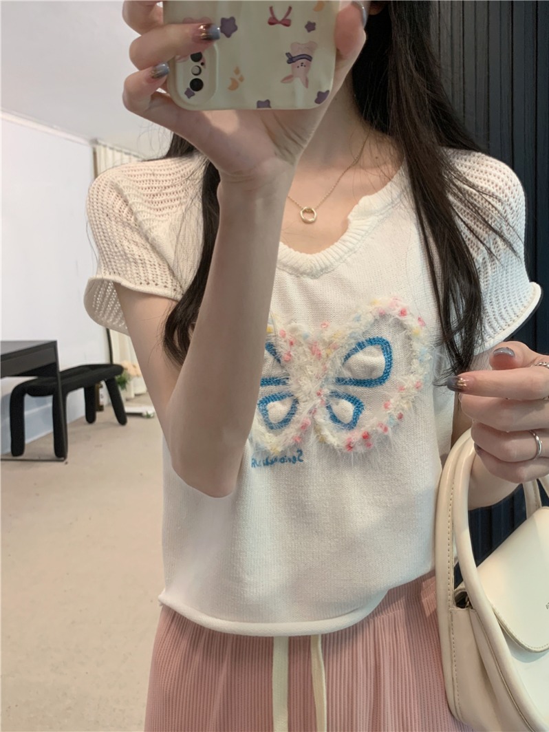 實拍 夏季新款設計感蝴蝶上衣V領鏤空針織衫短袖T恤女