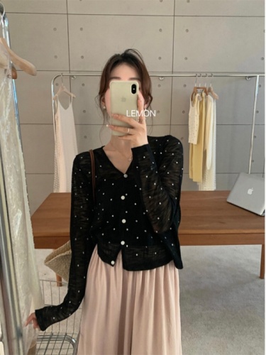 Korean linen ice silk polka dot sun protection cardigan for women 2024 summer ultra-thin polka dots with suspender skirt and slim top