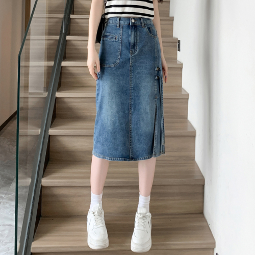 Actual shot of new summer large size elastic elastic waist thin denim skirt for fat girls casual mid-length A-line skirt