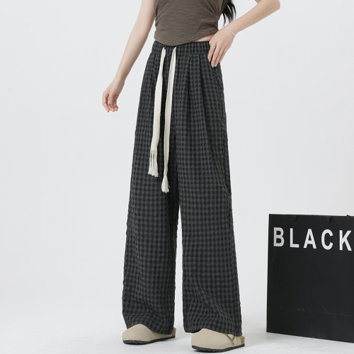 Actual shot 9773 loose wide-leg pants for women summer thin high-waist drape lazy plaid pants casual walking pants