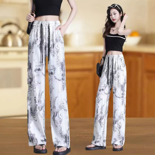 Wide-leg pants for women summer thin new style ink painting 2024 drapey style high waist Korean version versatile casual long pants