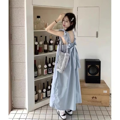 Fresh Square Neck Fly Sleeve Dress Women 2024 Summer Design Chic Blue Long Dress Sleeveless Simple