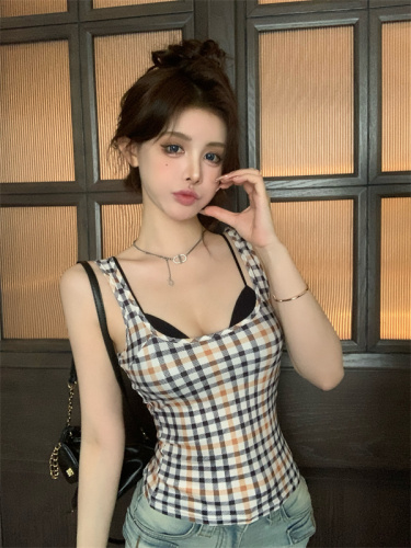 Real shot 2024 new summer hot girl plaid vest sexy slimming short top for women