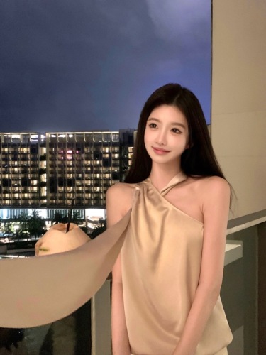 JoyingLimit 香槟色缎面上衣女夏季高级感宽松显瘦系带小衫小个子