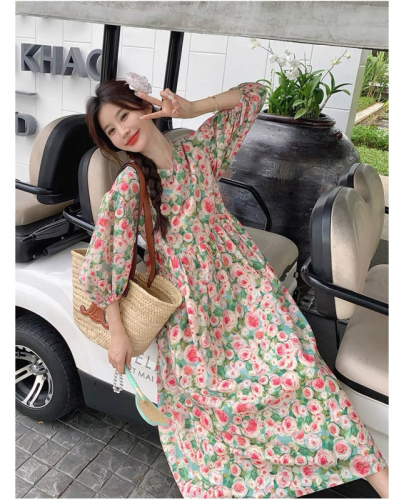 2024 Spring and Summer New Style Retro Age-Reducing Floral Dress Women's Loose, Western Style Slim Casual Long Dress