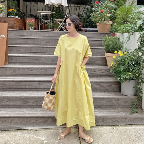 Summer new style Korean style loose slimming short-sleeved yellow large size dress women's casual temperament A-line long skirt