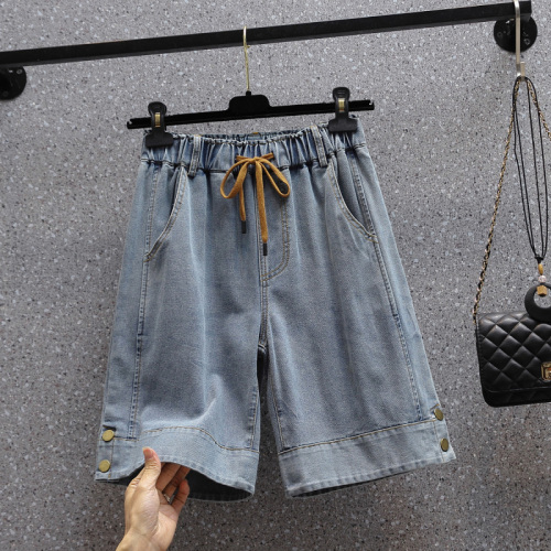 Real shot of summer large size elastic waist wide leg denim shorts fat mm casual high waist elastic casual fashion mid pants