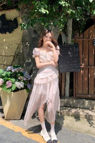 Manhua Sweet Tea Sweet Irregular Casual Fashion Temperament Slim Slim High Waist Floral Women's Dress Lady